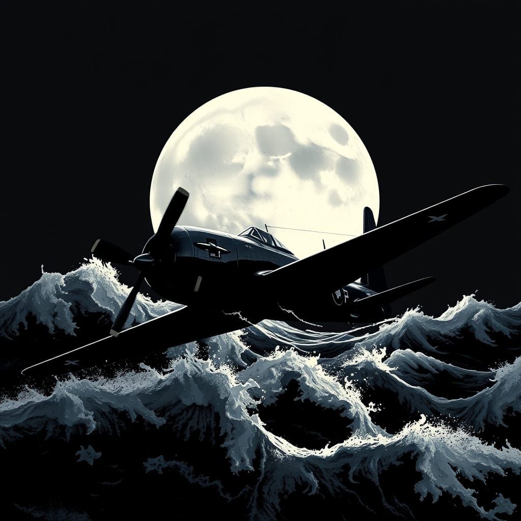 Dramatic Corsair Airplane Against the Full Moon