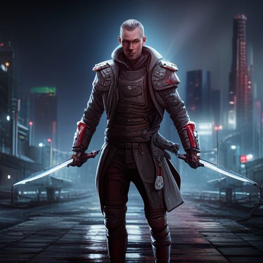 Cyberpunk Swordsman in Detailed Matte Painting