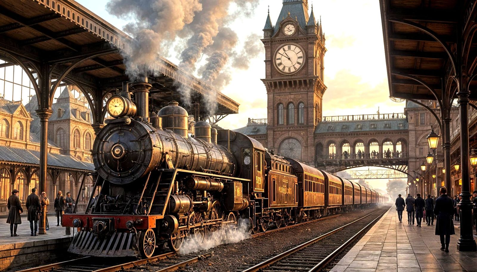 Grand Steampunk Train Station with Clock Tower