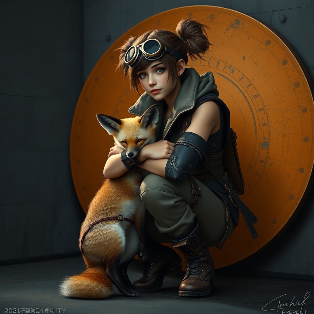Steampunk Woman Hugging Fox in Digital Art Style