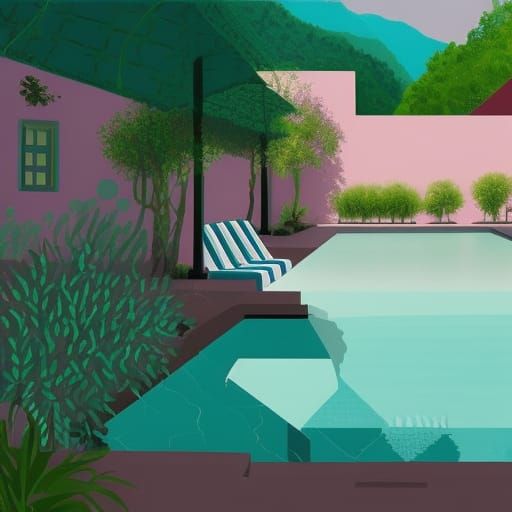 Summer Pool Scene in David Hockney Style