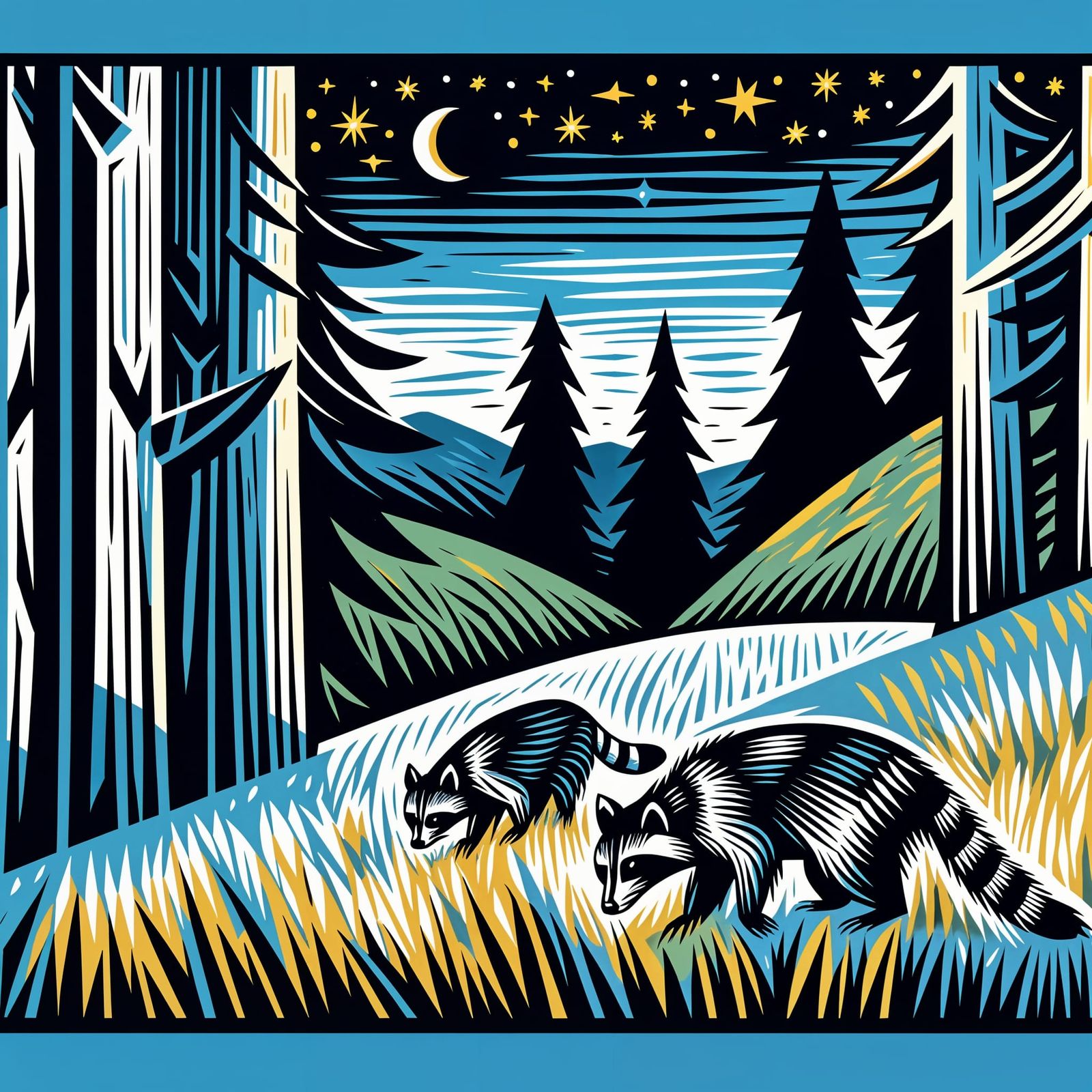 Whimsical Nighttime Forest in Linocut Style with Raccoons