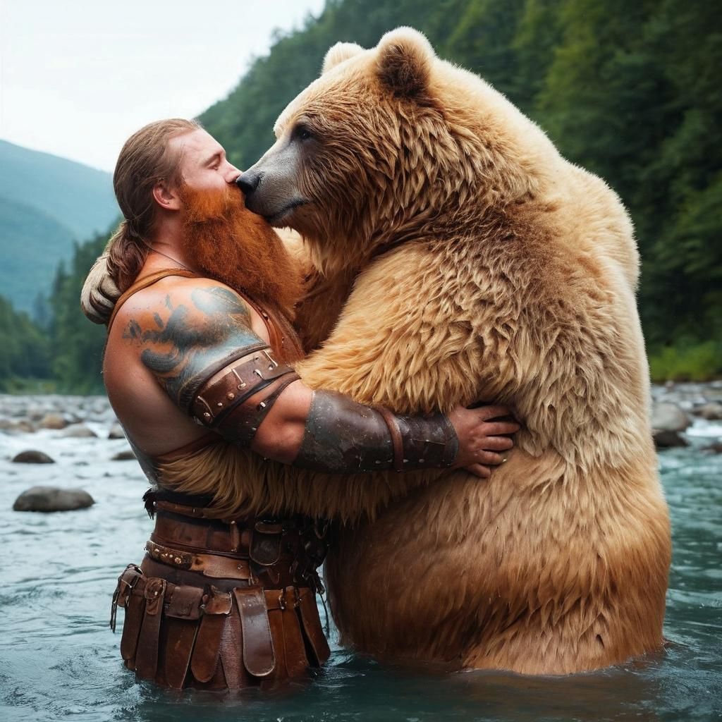 Kodiak Bear and Barbarian Kissing Portrait