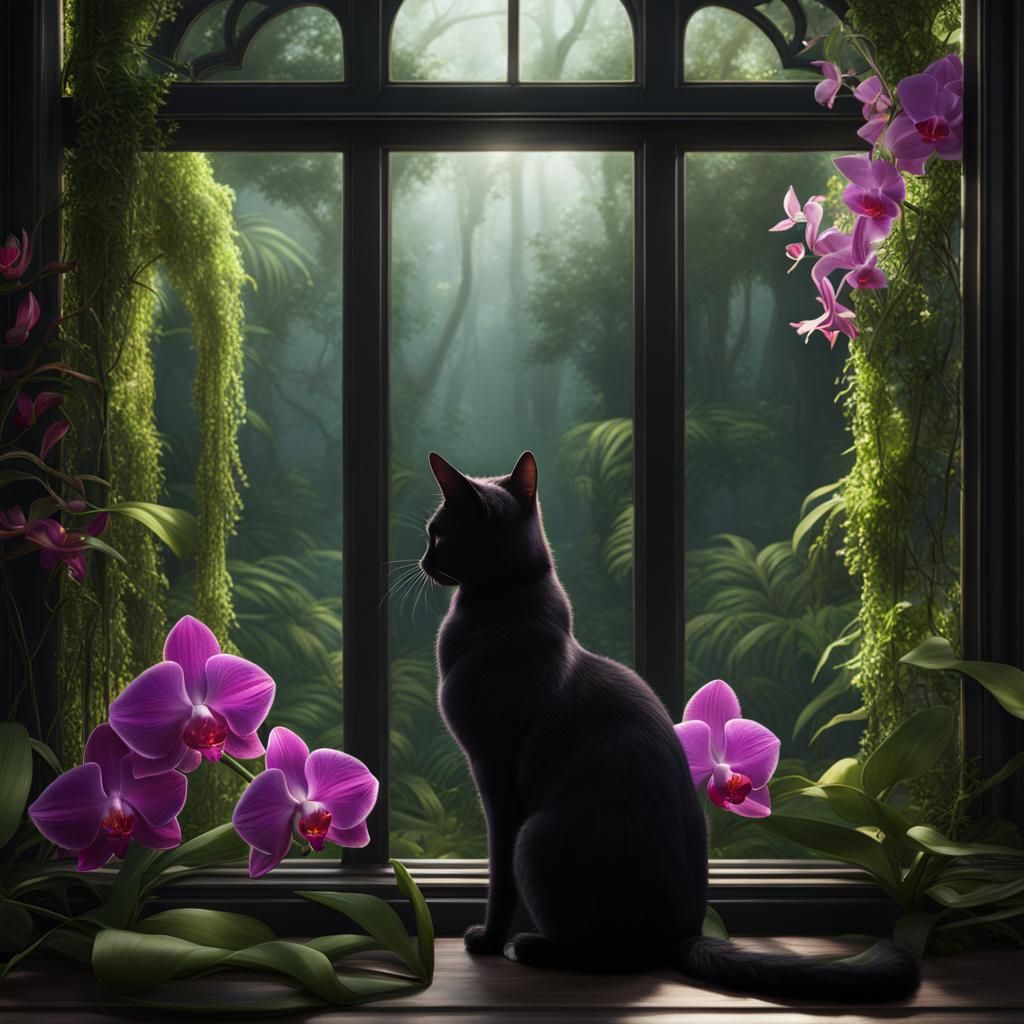 Black Cat with Orchid Crown in Lush Forest
