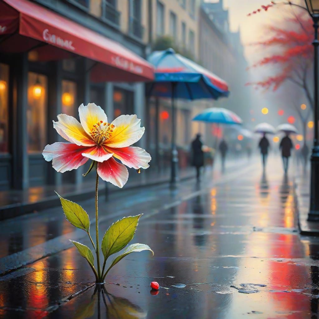 Impressionist Woman in Rainy Street Scene