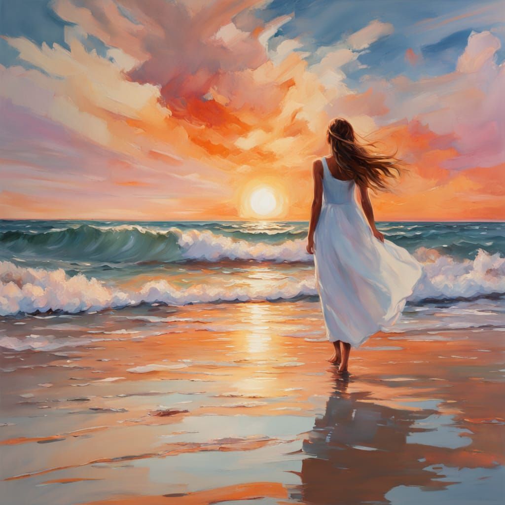 Impressionist Beach Sunset Masterpiece in Gouache