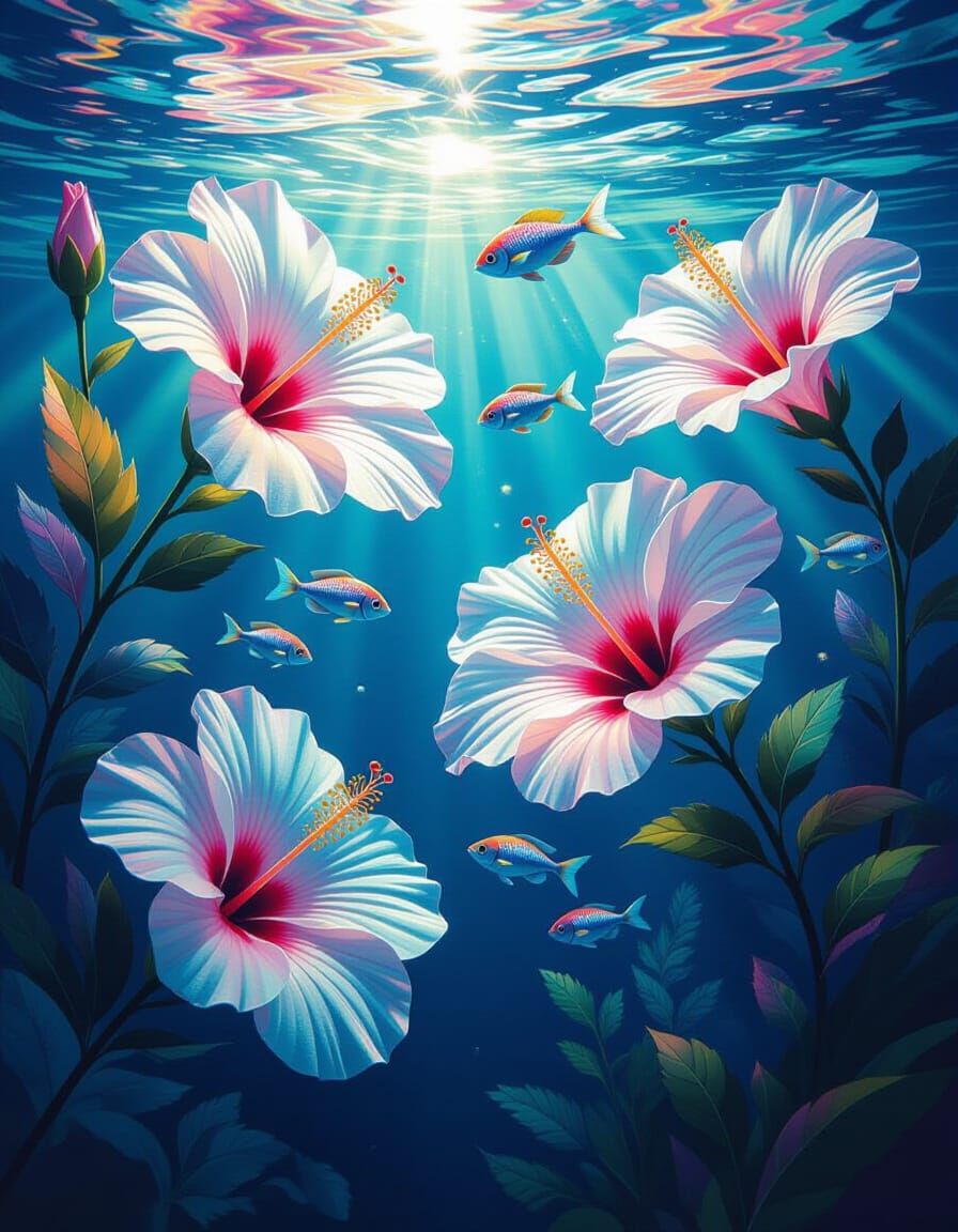 Underwater Crystal Hibiscus Flowers with Exotic Fish