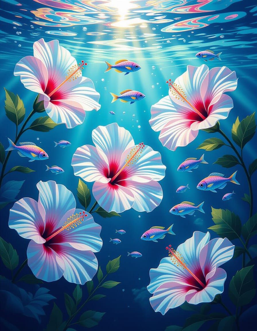 Underwater Crystal Hibiscus Flowers with Exotic Fish