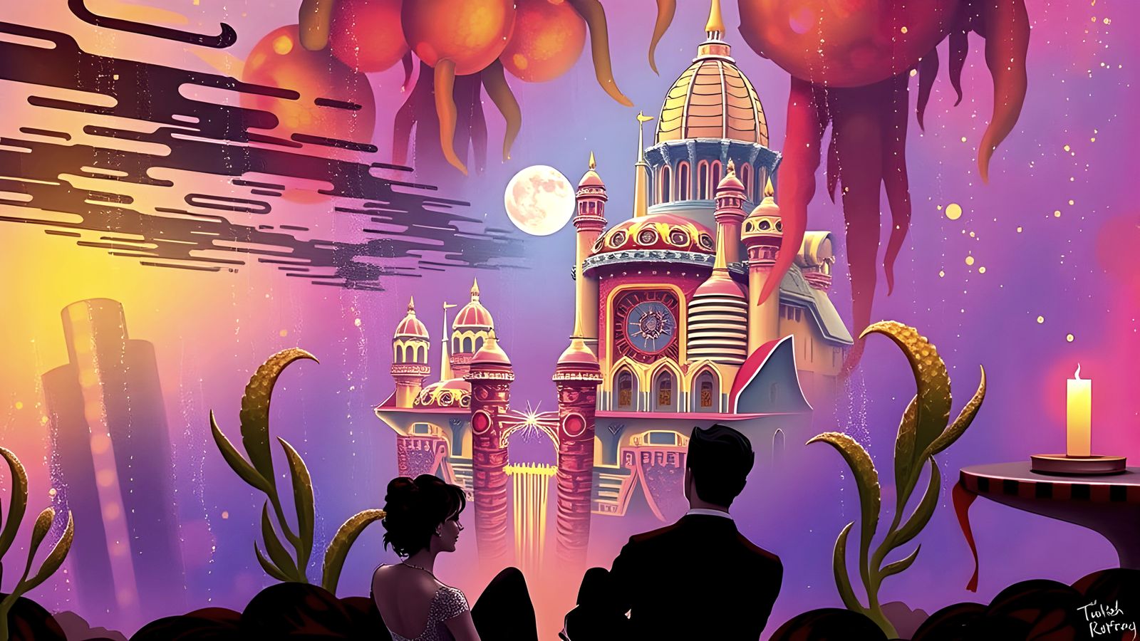 Underwater Neon City Bathed in Moonlight