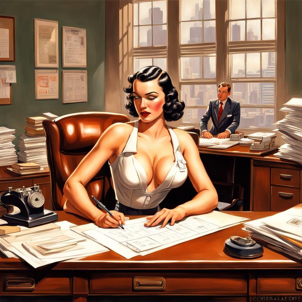 1930s Pin-Up Secretary in Office, Hyperrealistic Art