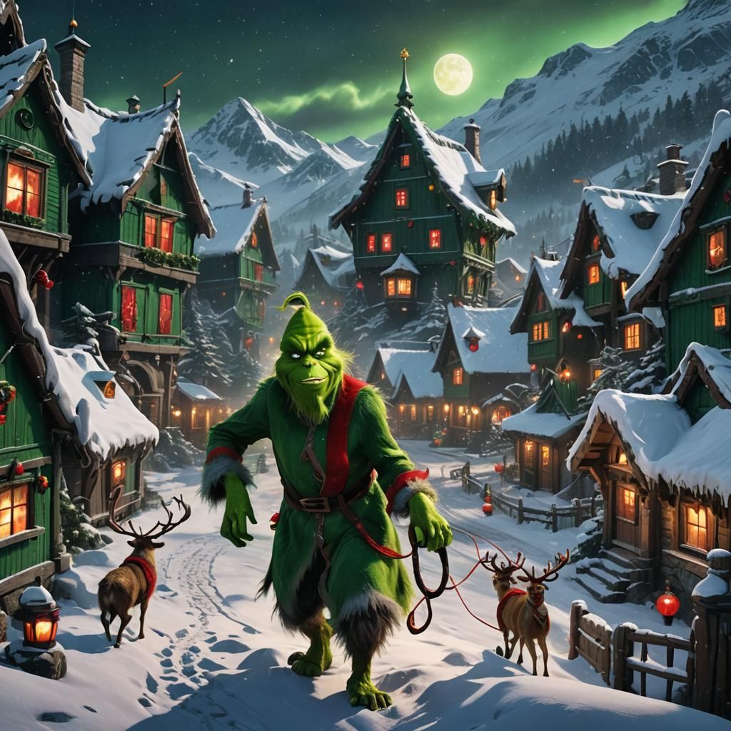 Grinch Attacks Santa in Snowy Village, Fantasy Art