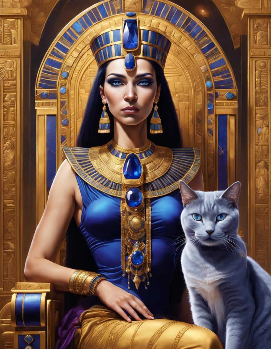 Egyptian Queen Cleopatra Surrounded by Lavish Blue and Gold ...
