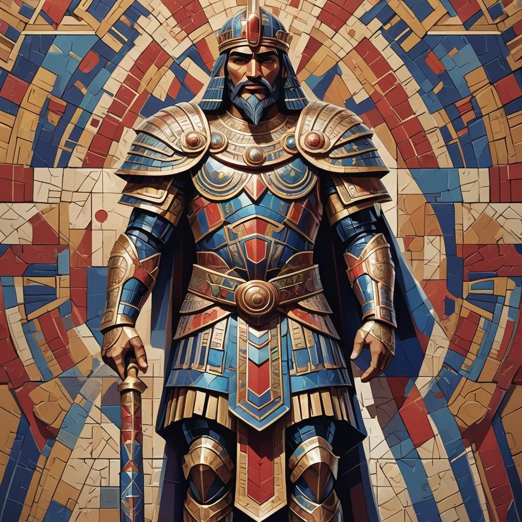 Assyrian King in Ornate Armor: Cubist Art Deco Painting