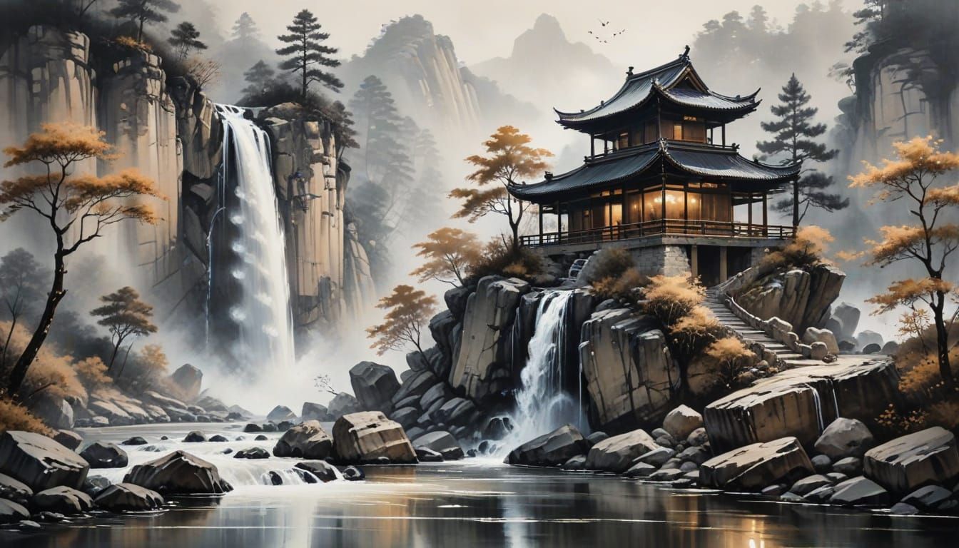 Ink Wash Painting of Rustic House by Waterfall