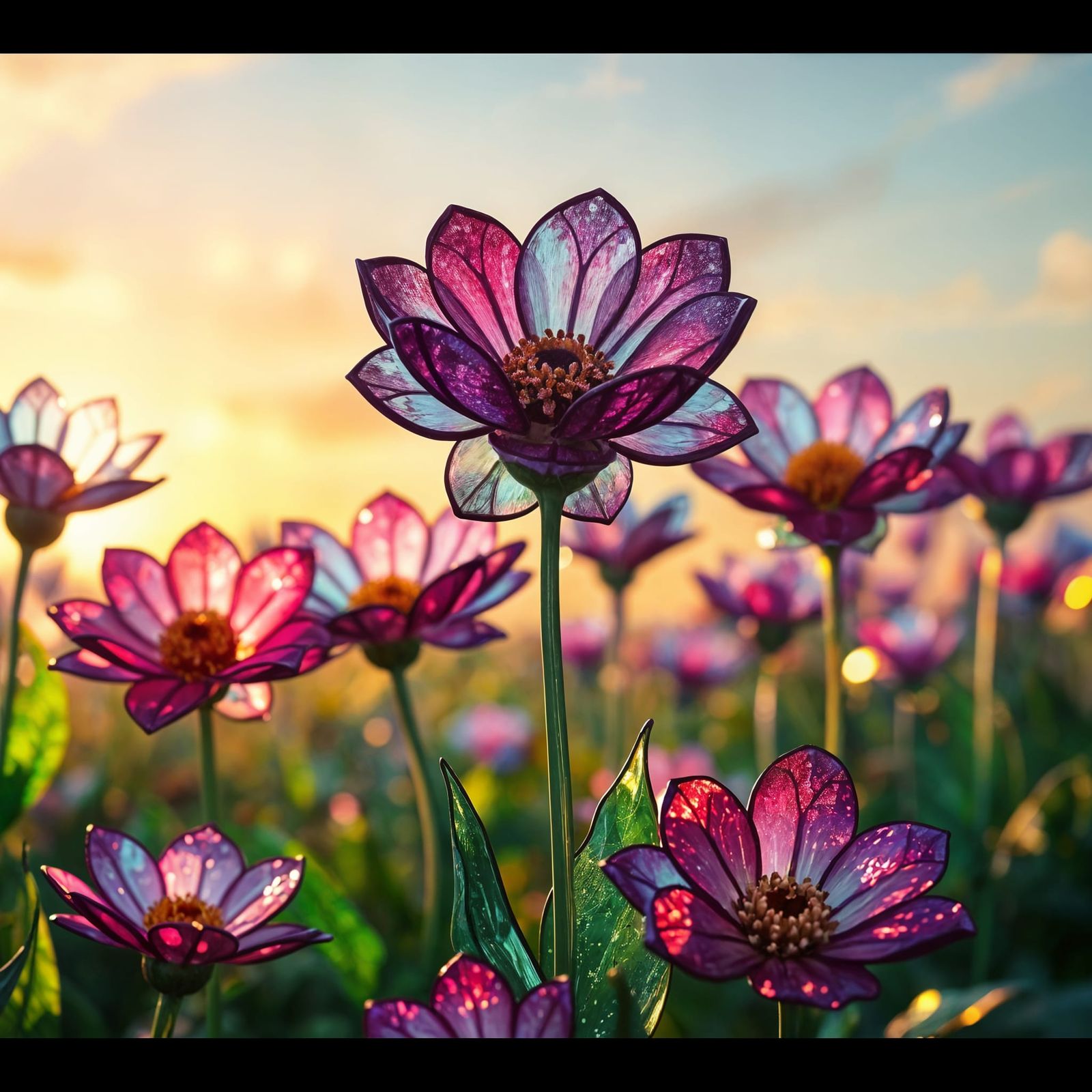 Vibrant Stained Glass Garden in Golden Hour