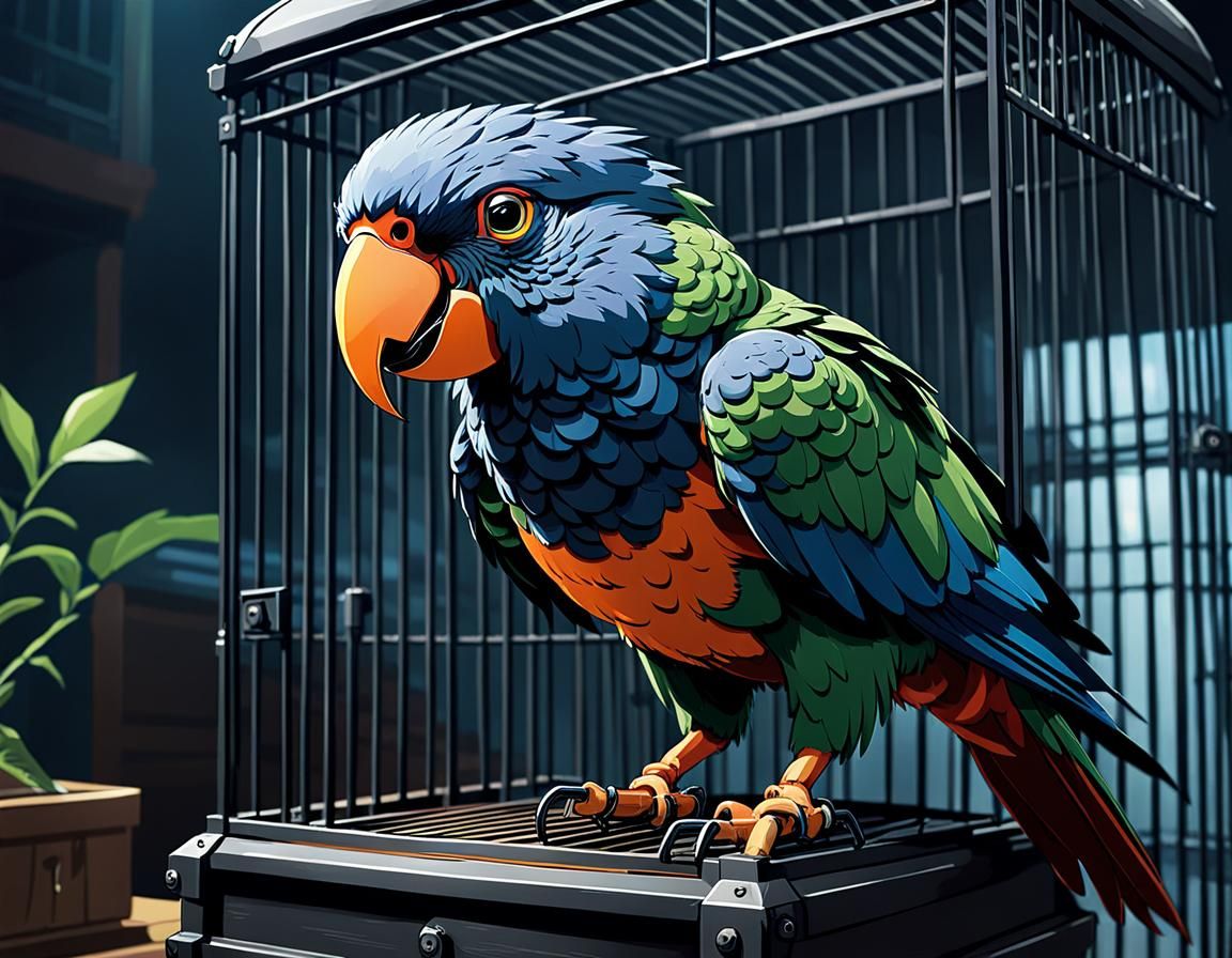 Cyborg Parrot Breaks Cage in Anime Style