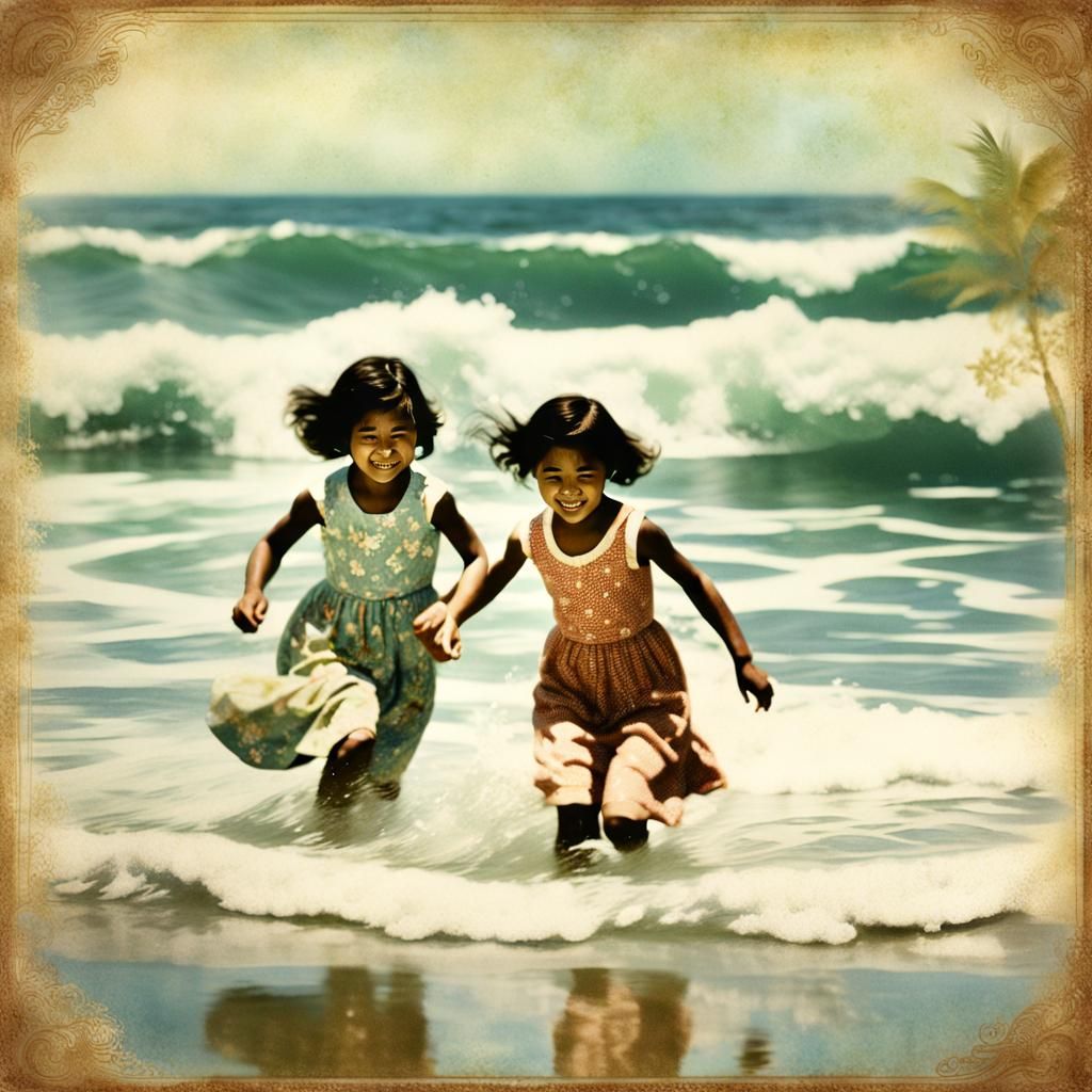Vintage Photo of Girls Playing on Beach