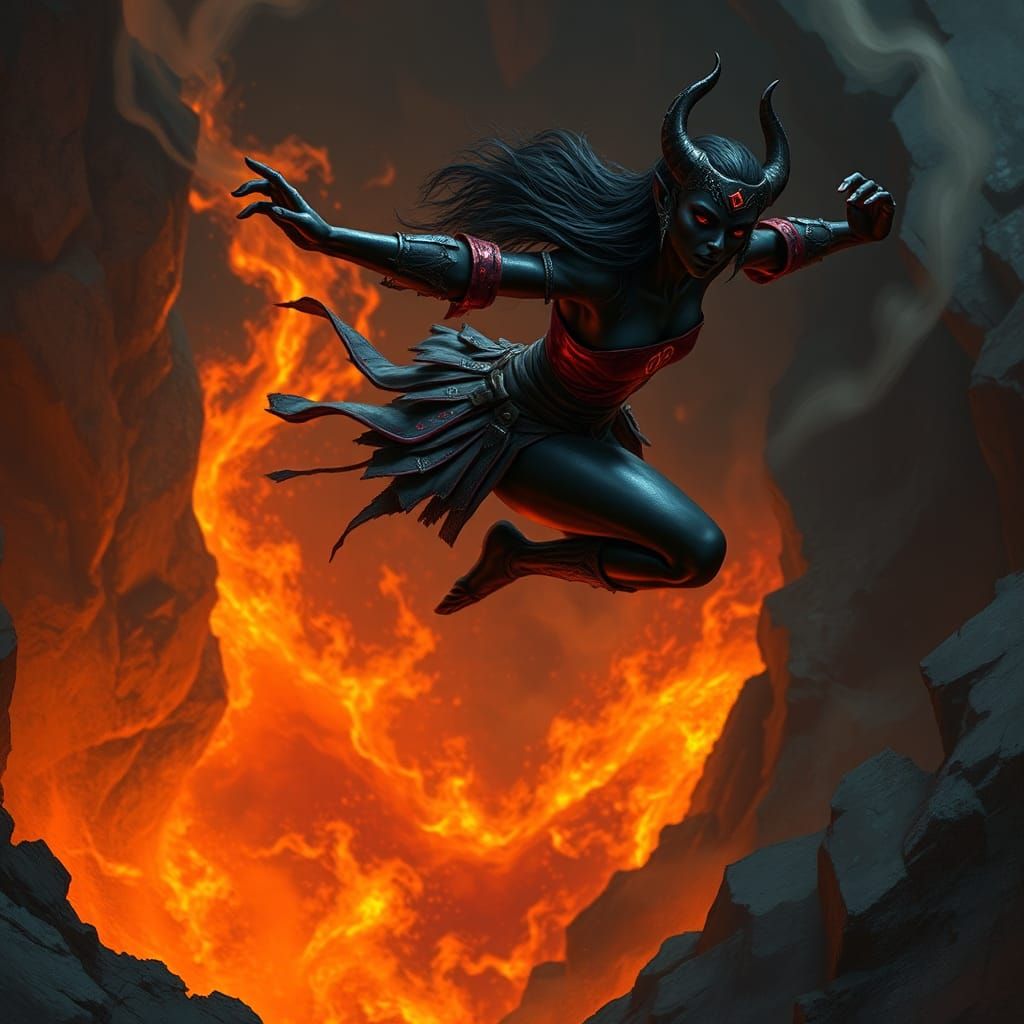 Tiefling Leaps Over Fiery Abyss in Matte Painting