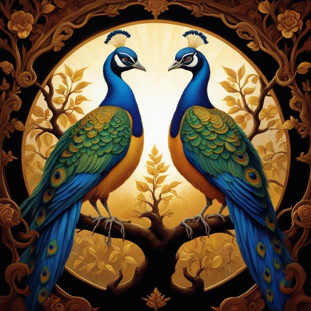 Peacocks on Branch in Golden Sunlight, Paint-on-Glass Style
