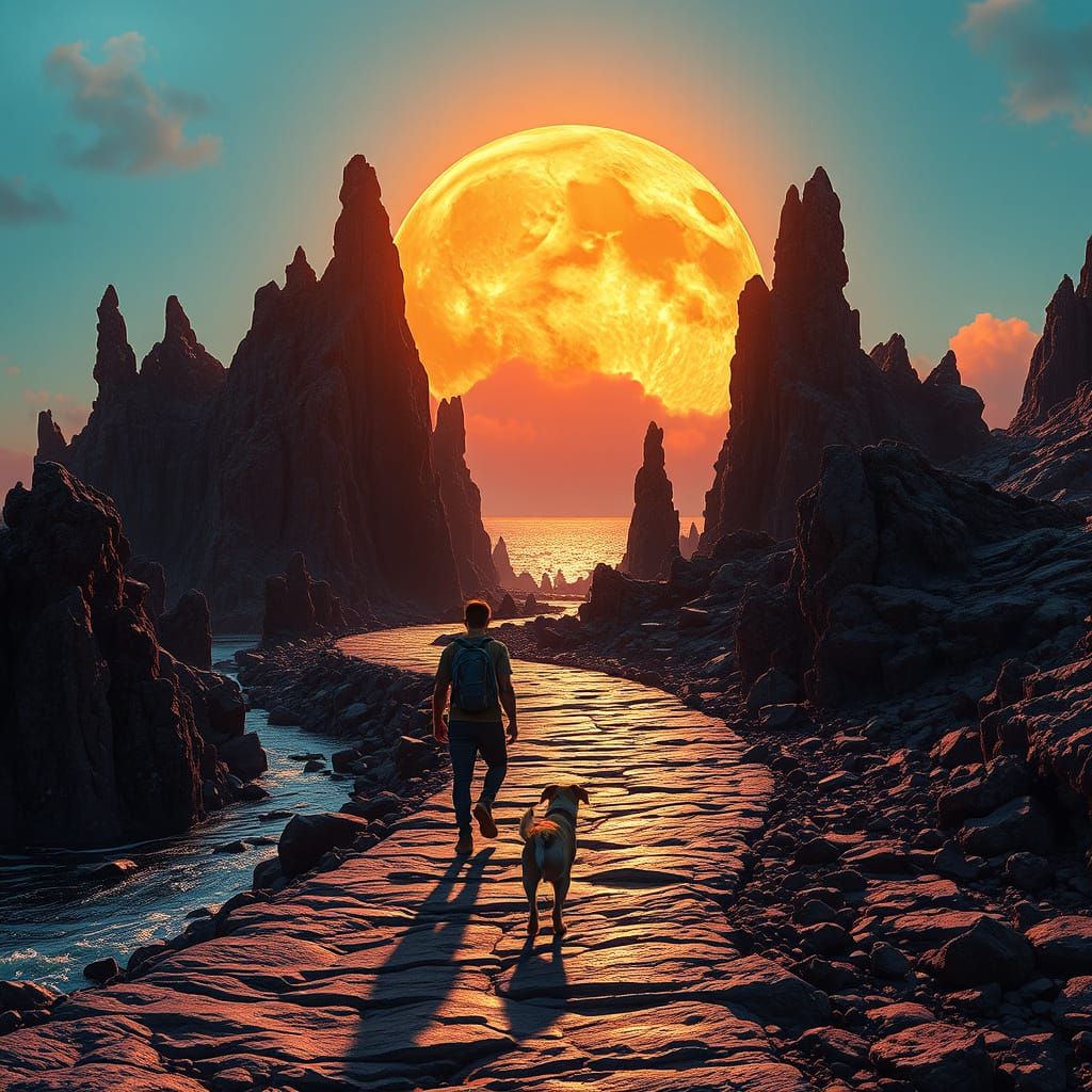 Futuristic Walk with Dog on Lava Path