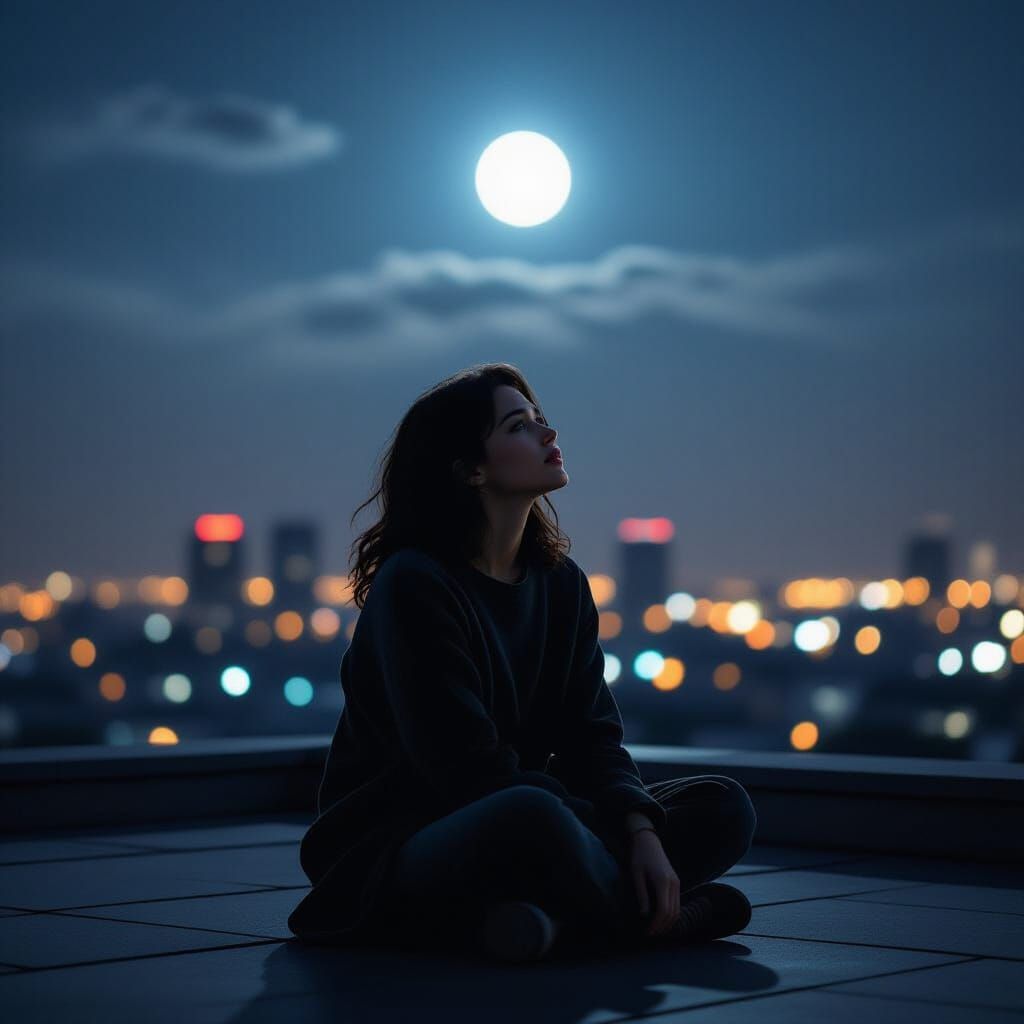 Person Silhouetted on Rooftop Under Moonlight, Cinematic Sce...