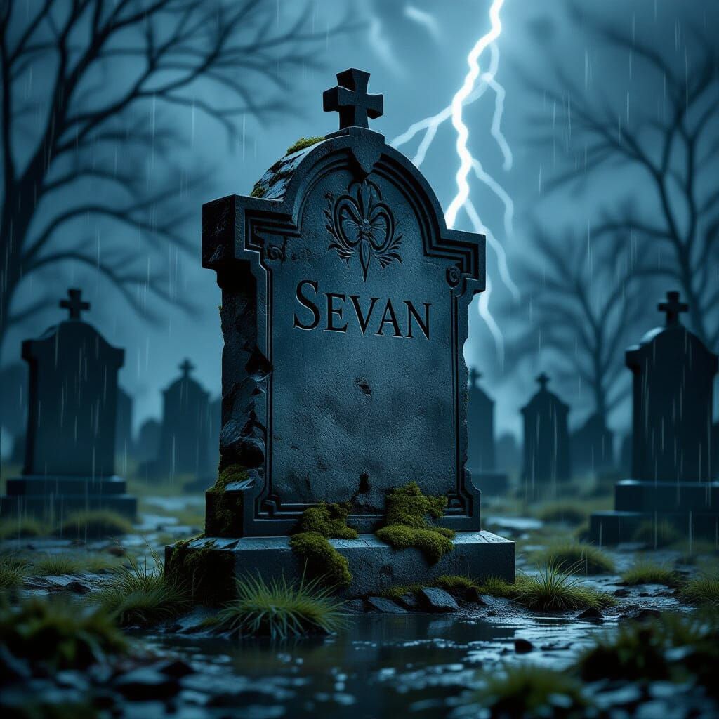 Gothic Tombstone in Stormy Cemetery