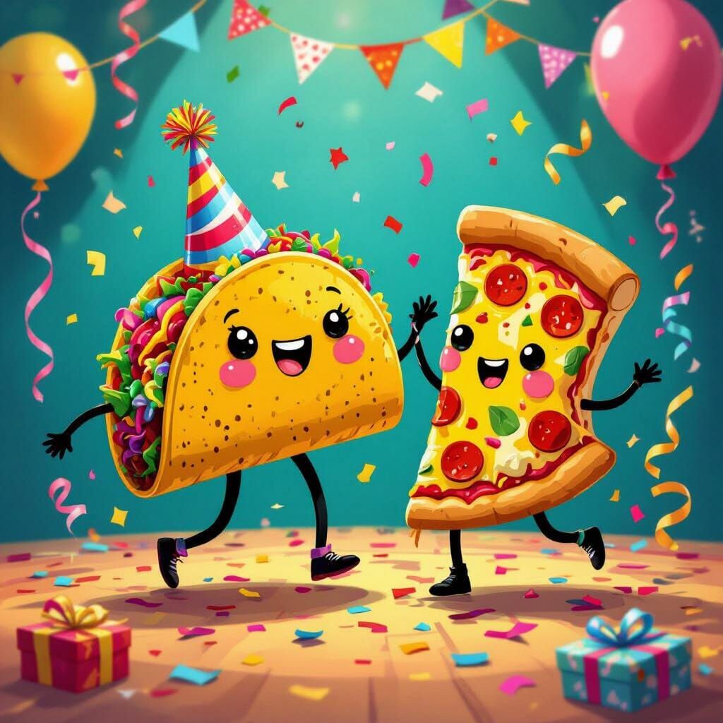 Taco and Pizza Party in Whimsical Style