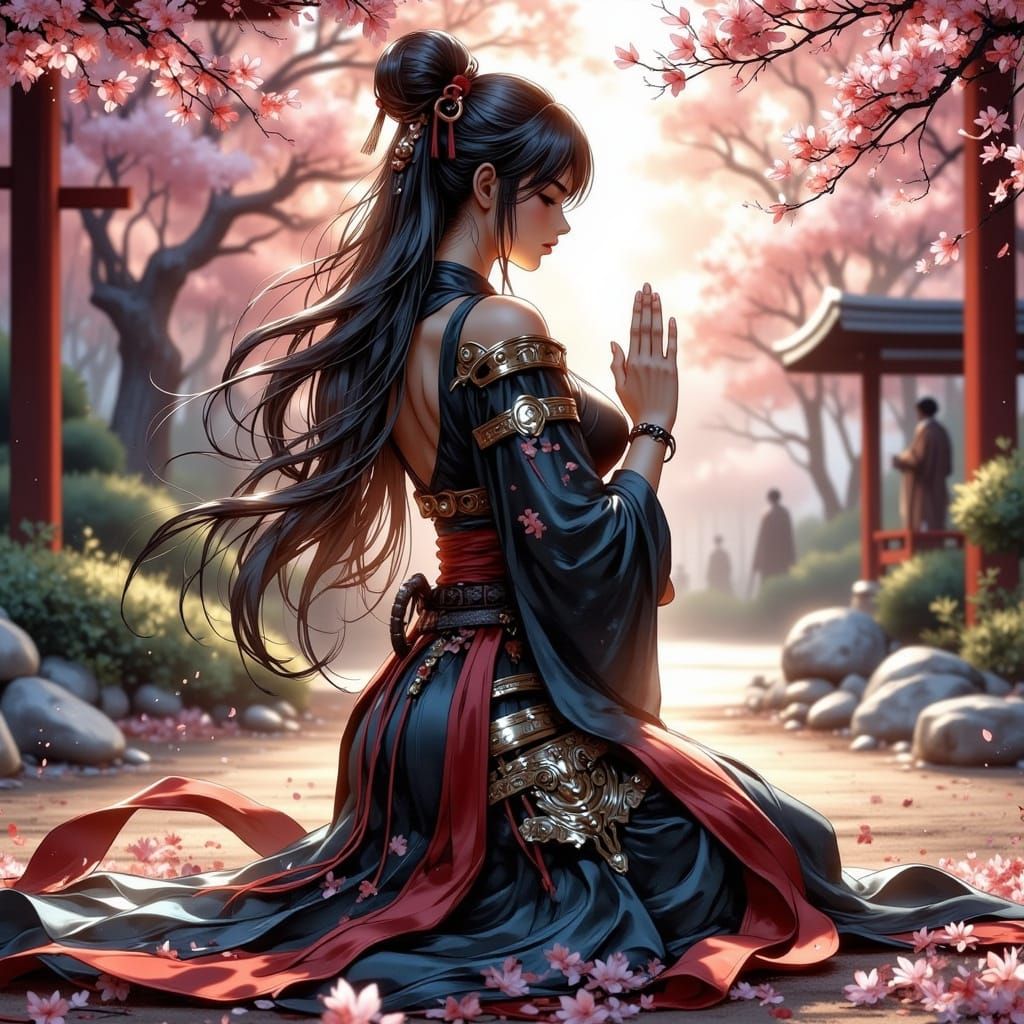 Serene Samurai Woman in Meditative Pose Amidst Sakura Blooms