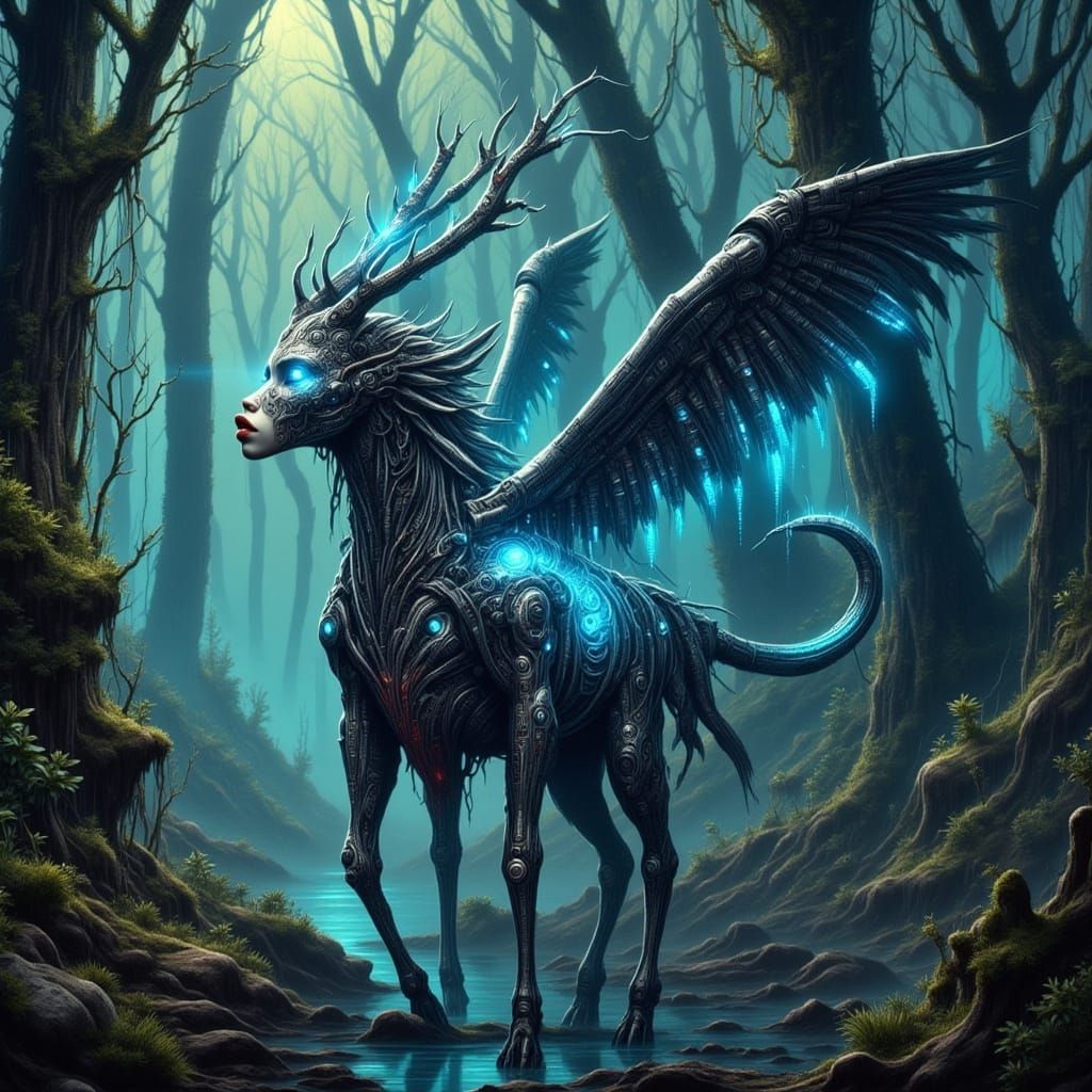 Cybernetic Antelope Angel in Bioluminescent Forest
