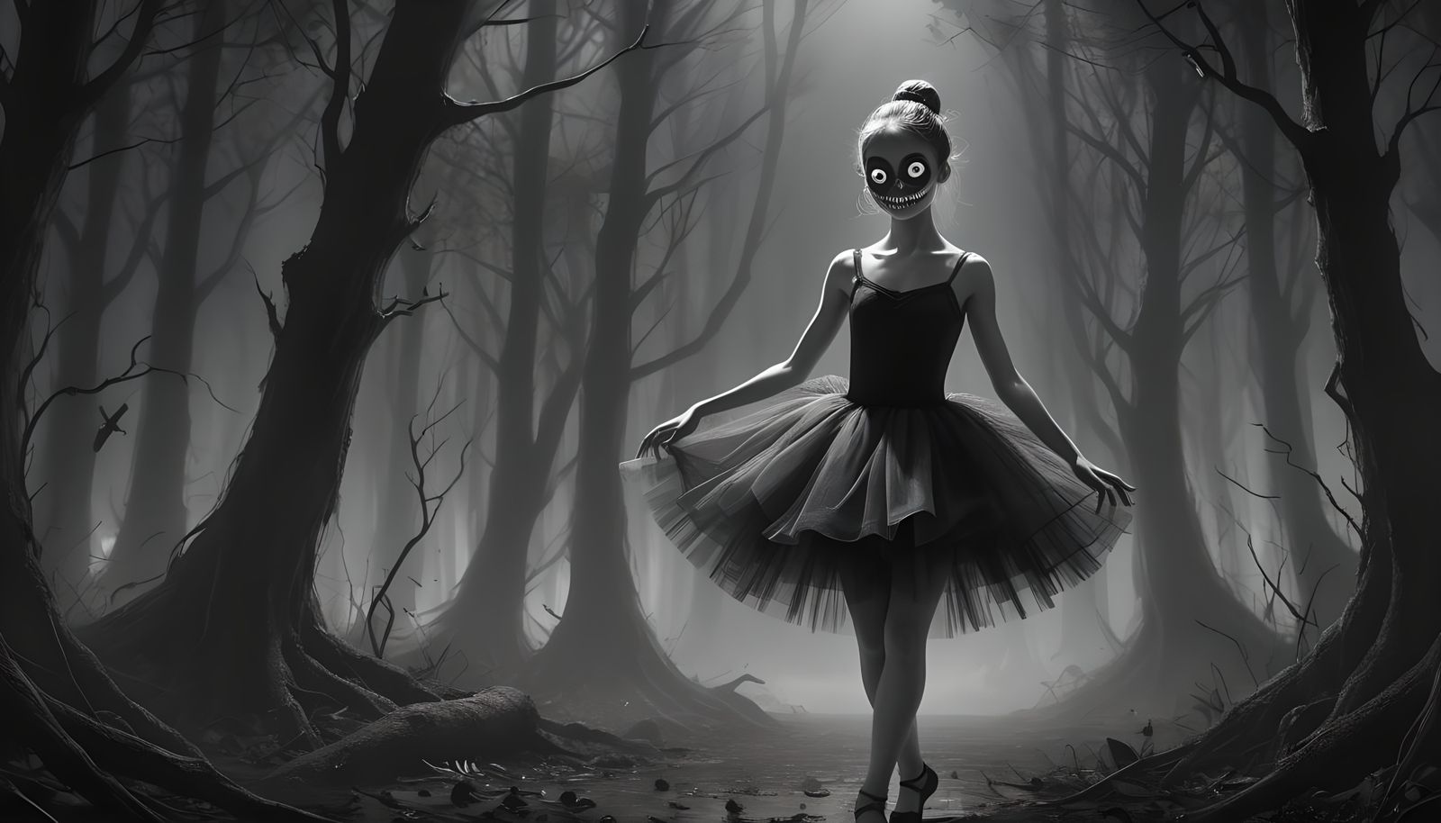 Creepy Eyeball Ballerina in Dark Forest, Horror Art