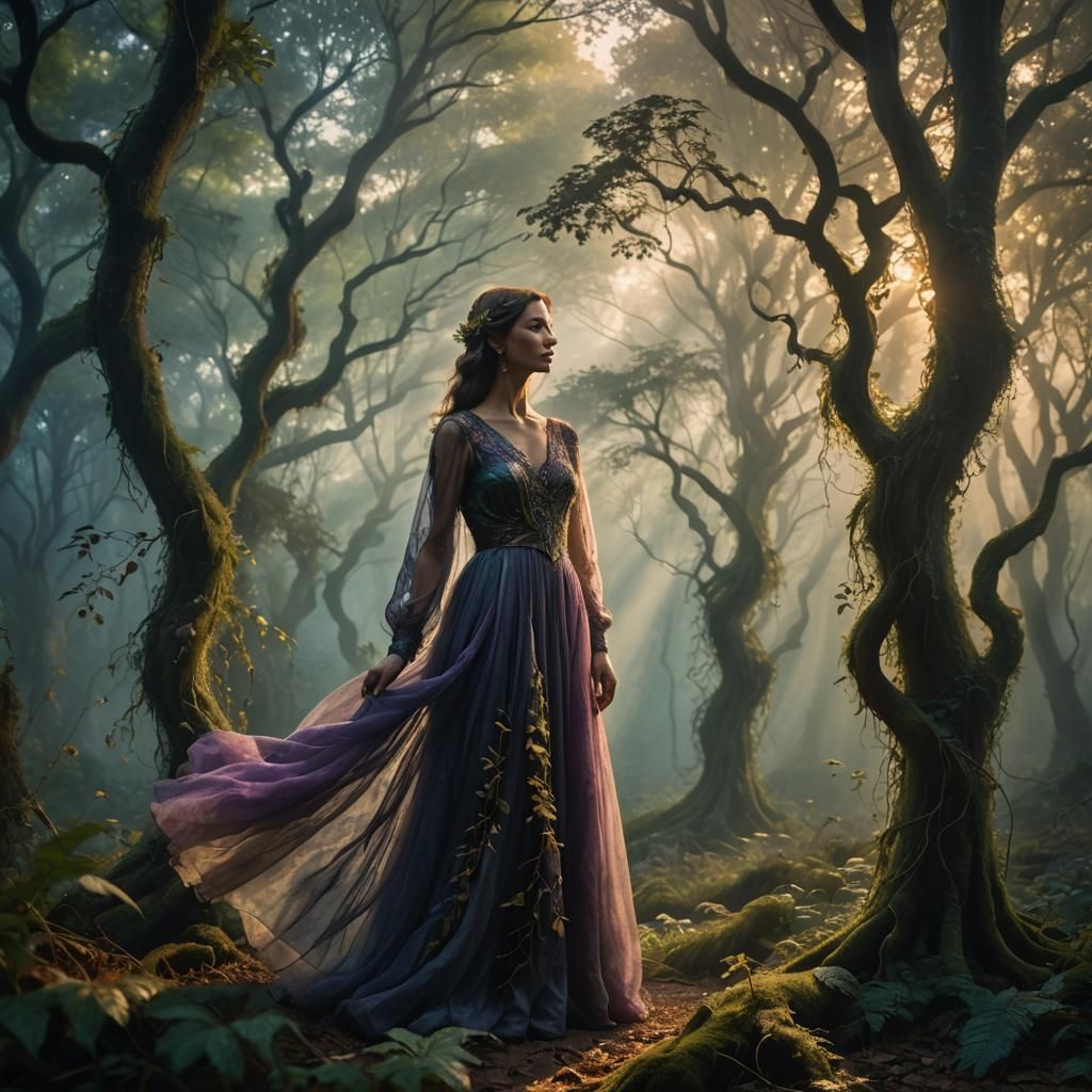 Woman in Misty Forest: Magic Realism Concept Art
