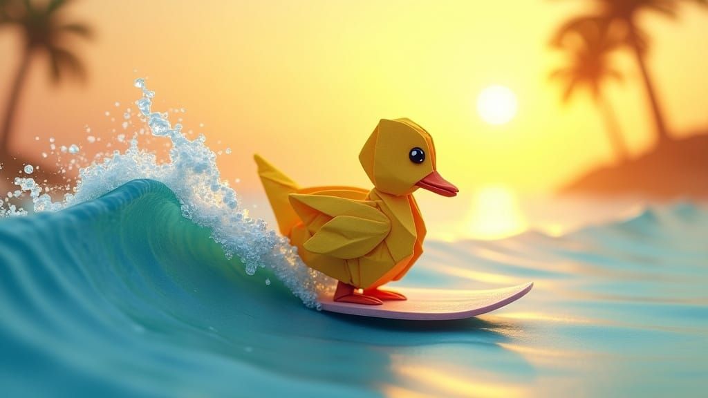 Origami Duck Surfing a Perfect Wave at Sunset