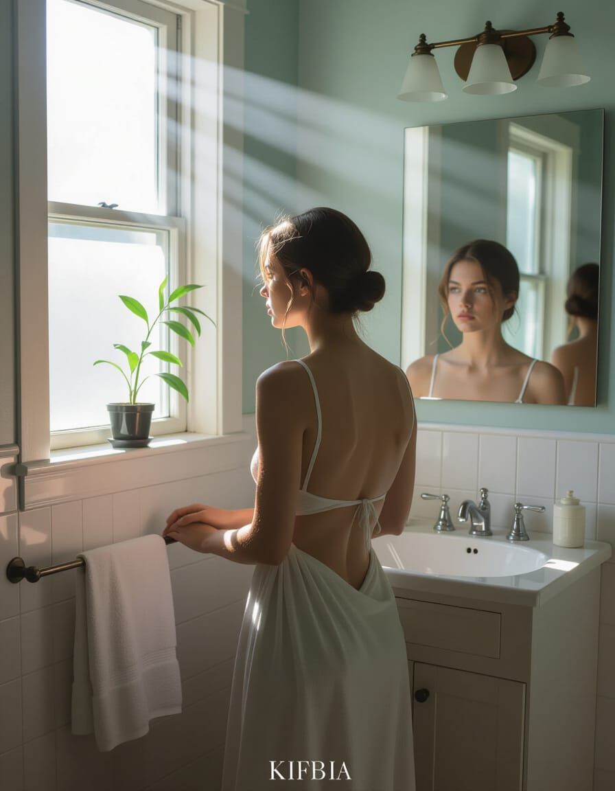Solitary Figure in Foggy Bathroom, Early Morning Light