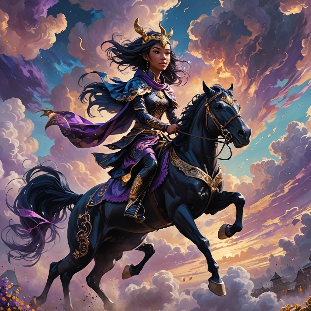 Girl with Cat Ears Galloping on Black Horse