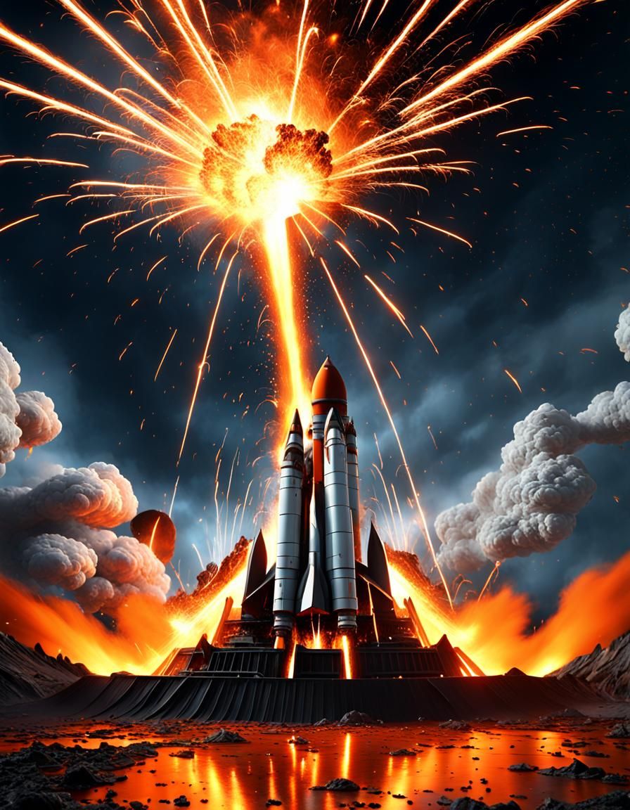 Fiery Rocketship Disintegration in Dramatic 3D Rendering