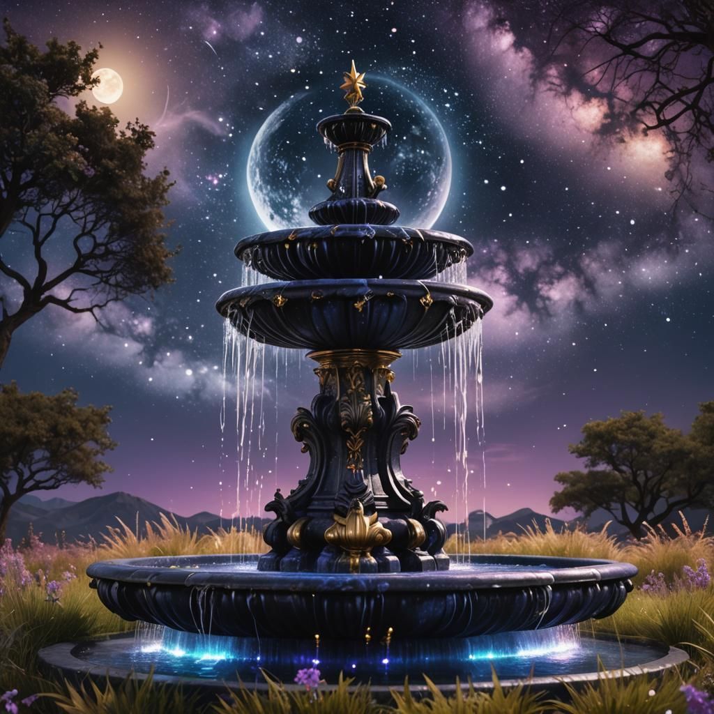 Celestial Lunar Fountain with Flowing Stars