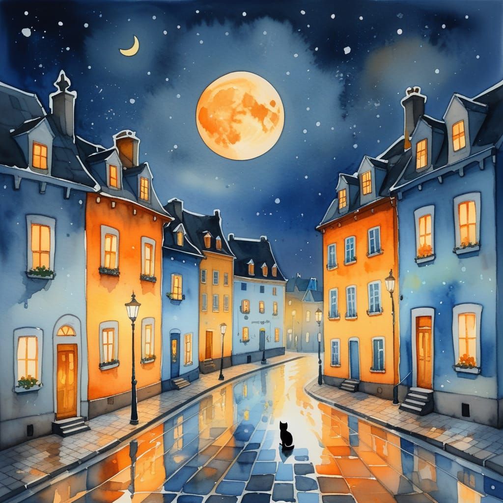 Whimsical Cobblestone Street Scene with Full Moon