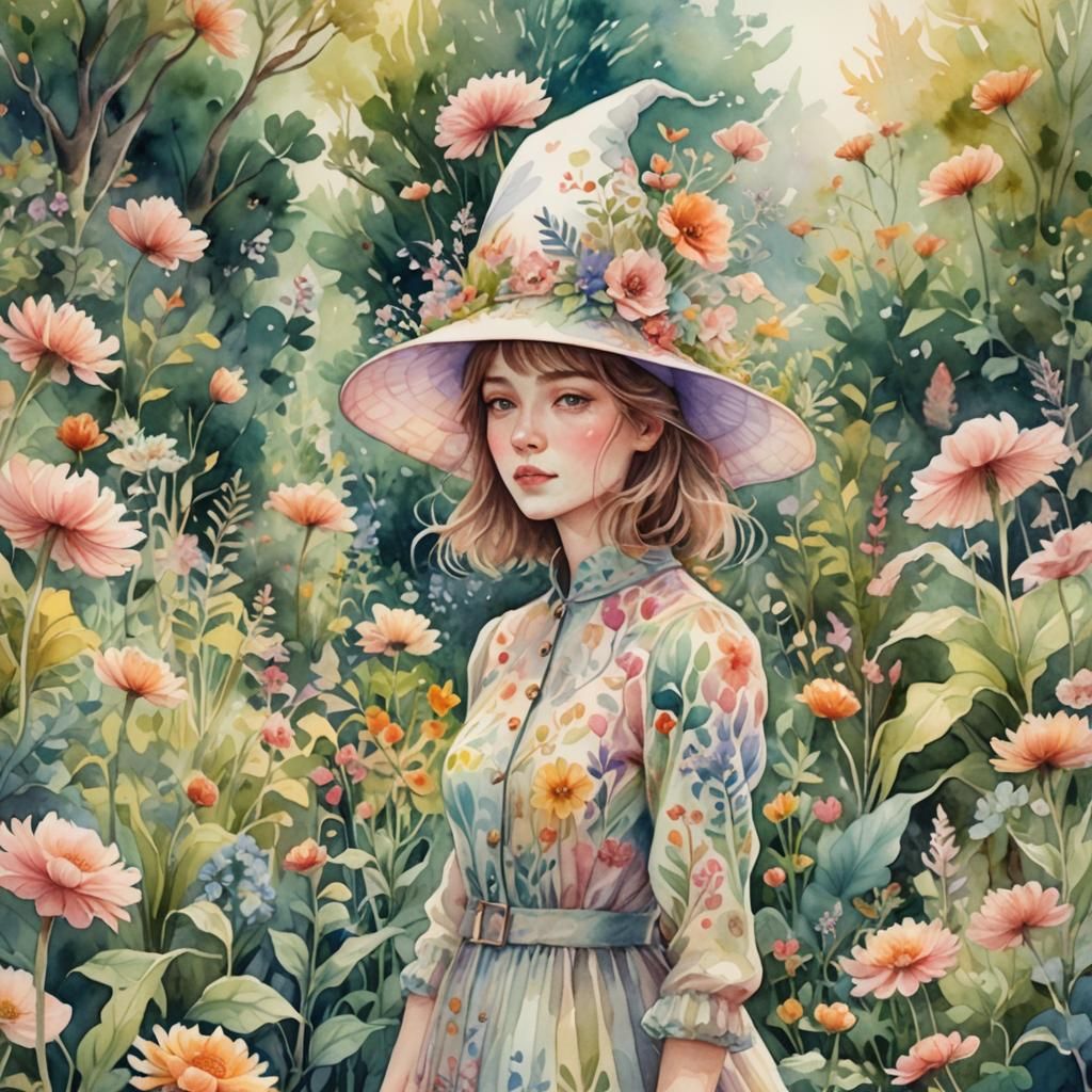 Whimsical Garden Scene with Unique Hat