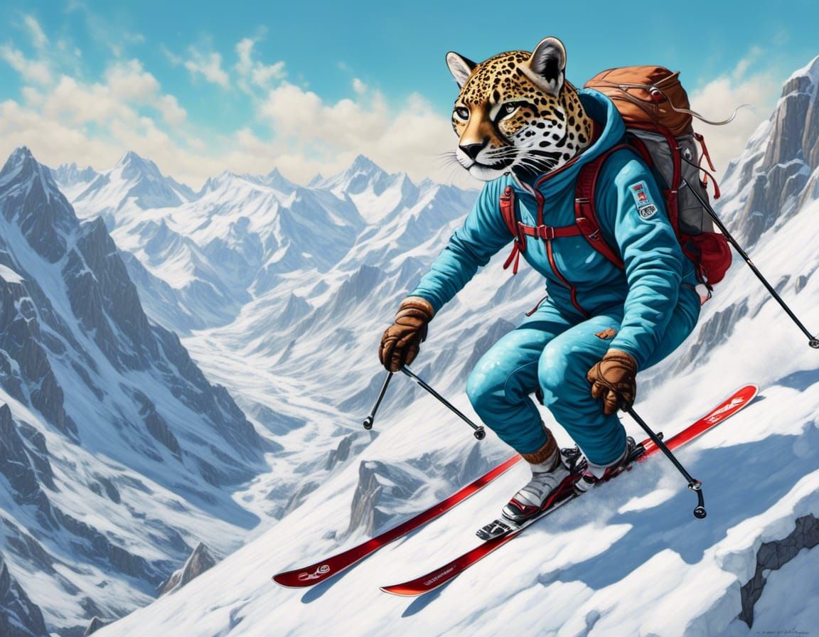 Anthro Jaguar Skiing on Glacier in Fantasy Art