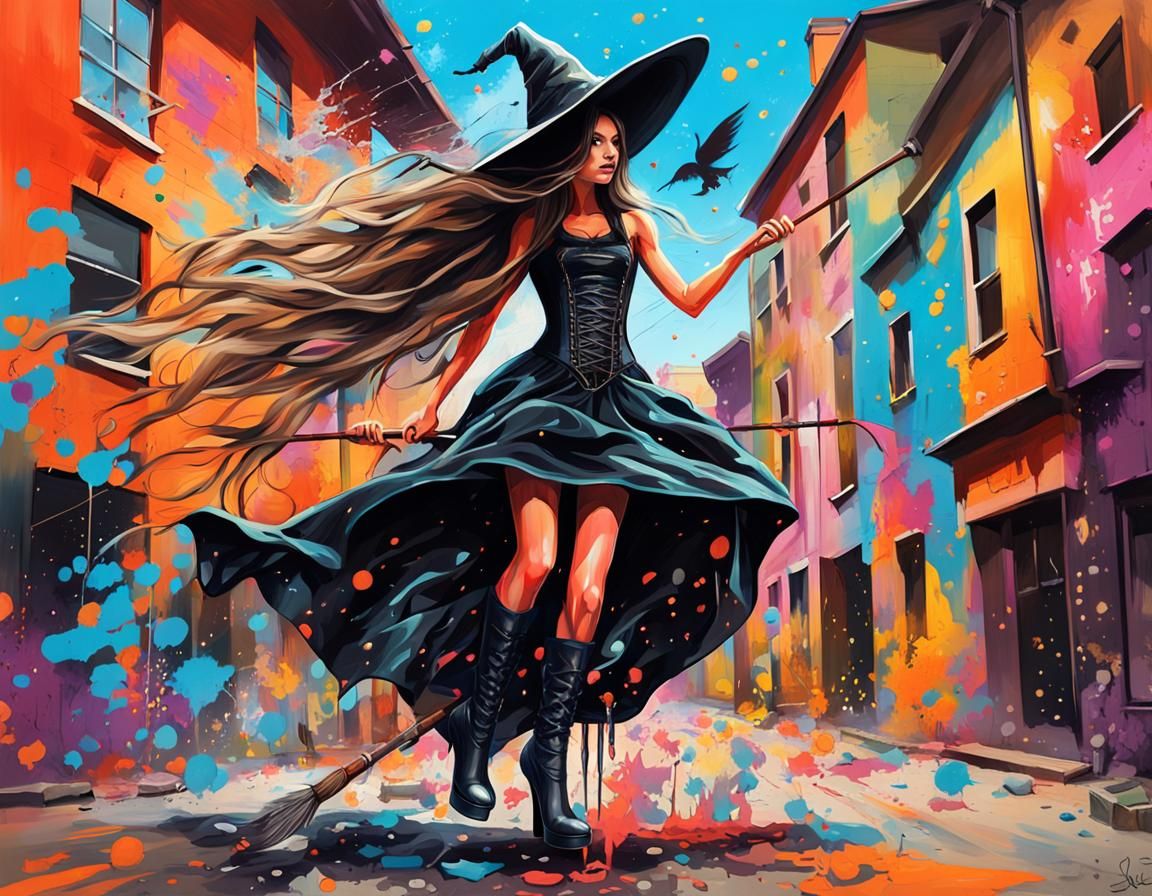 Young Witch Flying on Broomstick in Graffiti Style