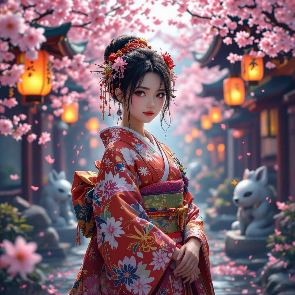 Japanese Girl in Traditional Dress with Cherry Blossoms