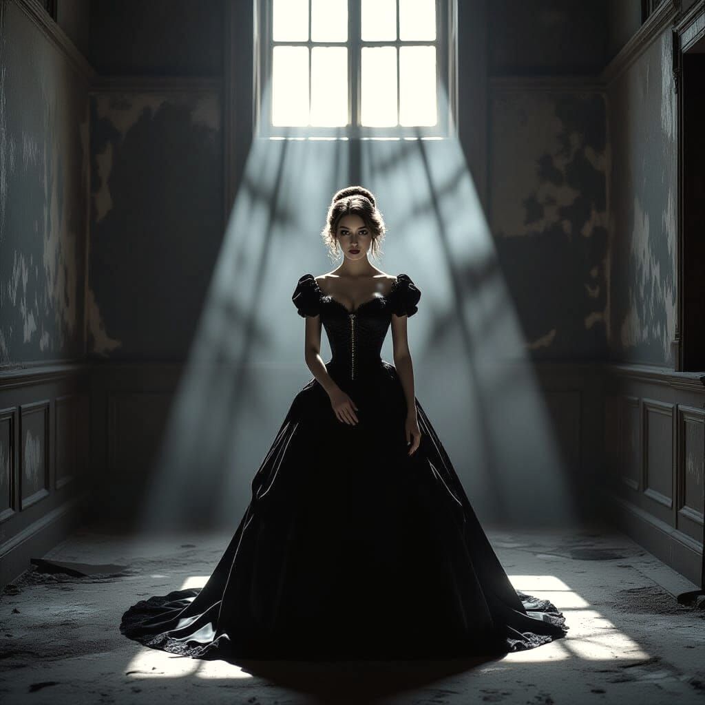 Victorian Woman in Sunlit Abandoned Room