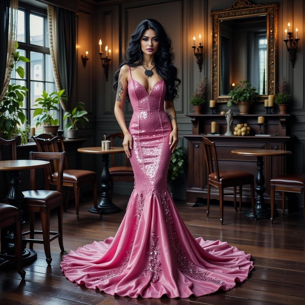 Nancy in a Velvet Sequin Mermaid Evening Gown with Tattoos