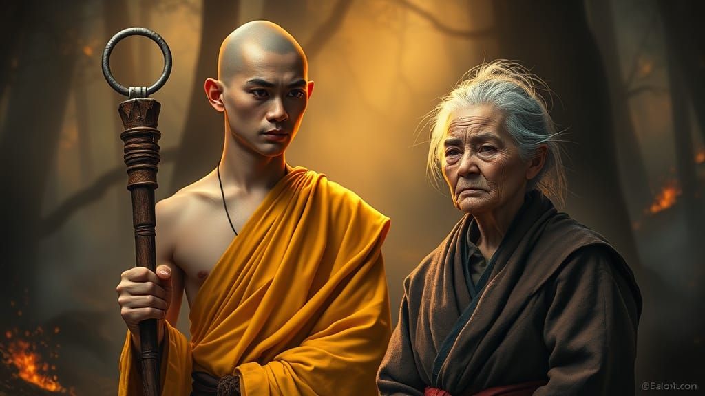 Monk Illuminates Forest with Hope as Digital Matte Painting