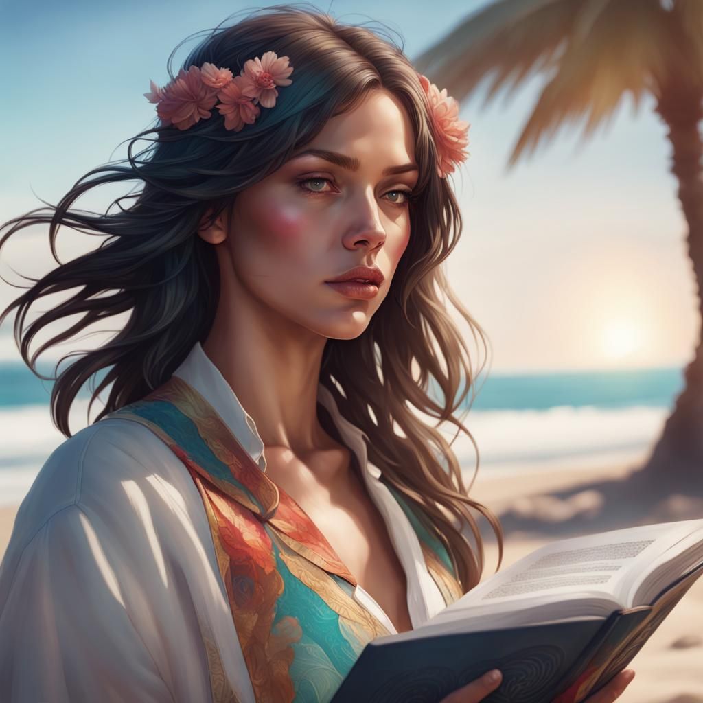 Person Reading on Beach, Hyperdetailed Art