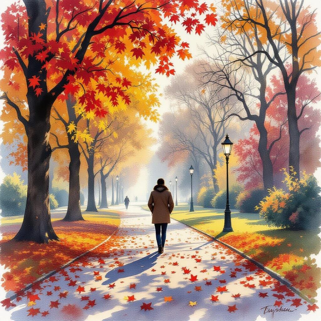 Hyperrealistic Autumn Park Scene with Romantic Watercolor St...