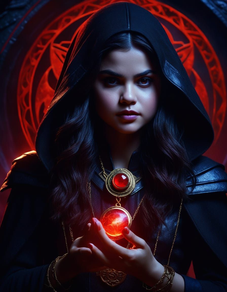 Raven Superheroine with Red Amulet in Dark Fantasy Style