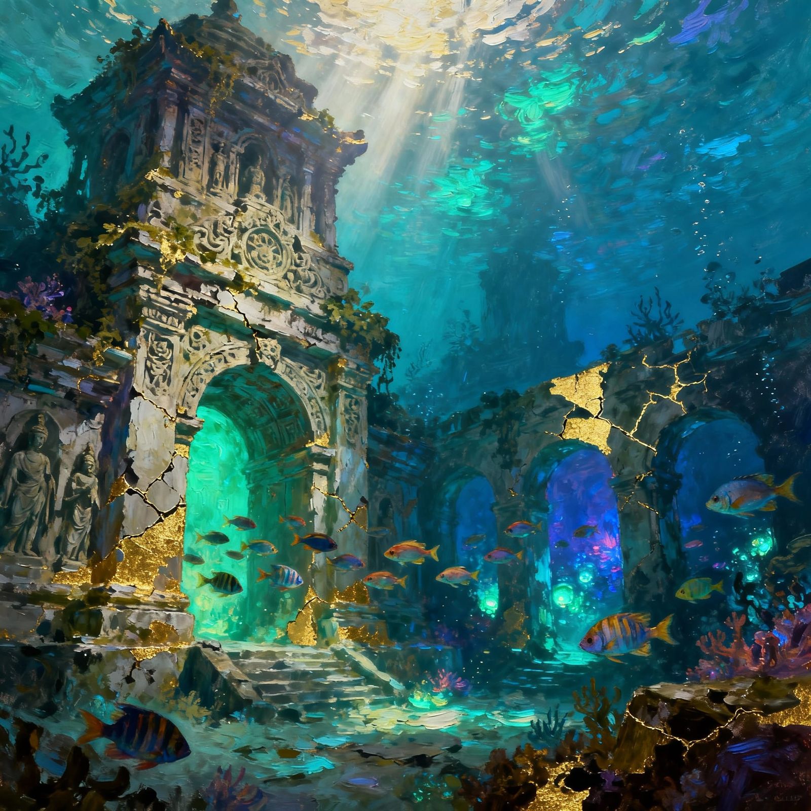 Bioluminescent Ocean Temple with Sunlit Ruins
