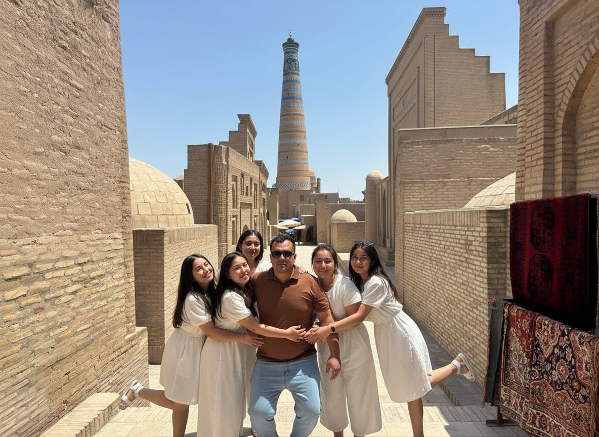 Cute Girls Cling to Man in Brown Shirt