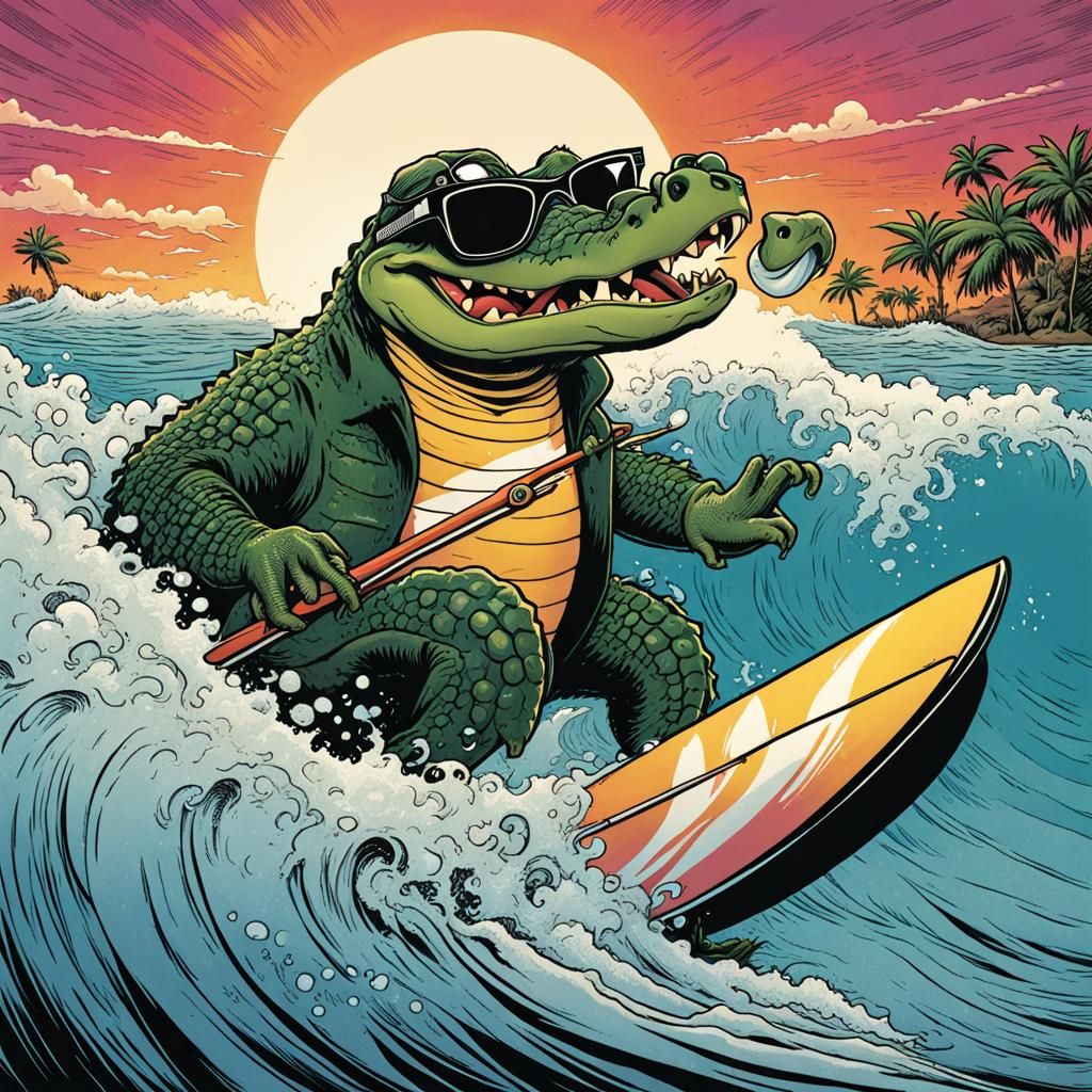 Cartoon Alligator Surfing a Wave, Comic Book Art